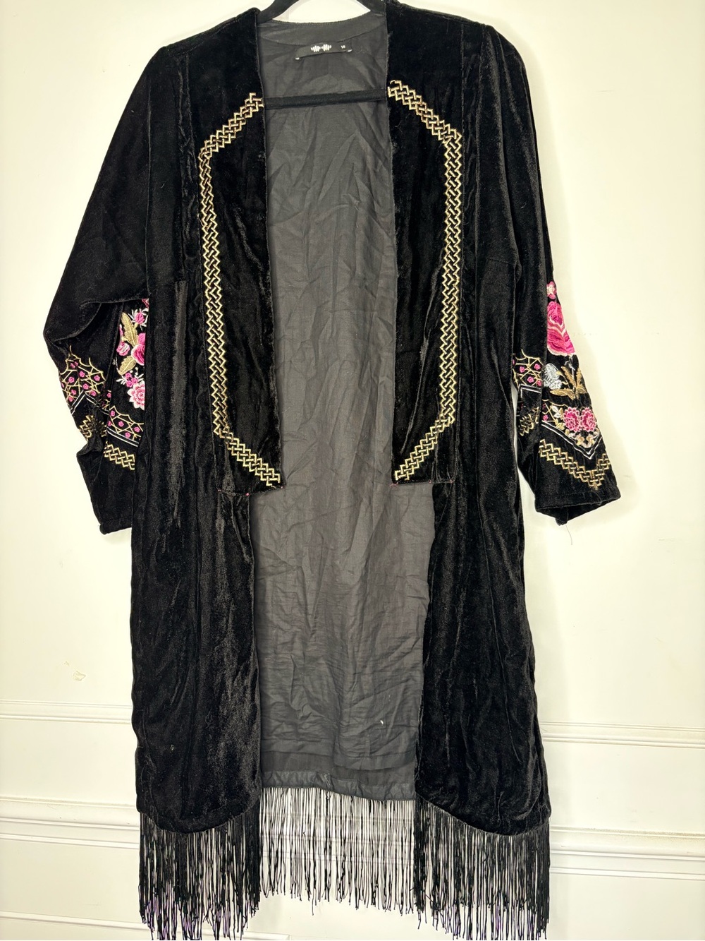 Black Velvet Embroidered Fringe Open-Front Robe - Picture 2 of 16
